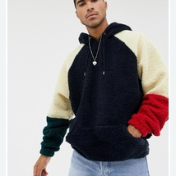 Men’s ASOS Colorblock Fleece Hoodie - Black, Red, Cream, Green 🖤 - Picture 1 of 9